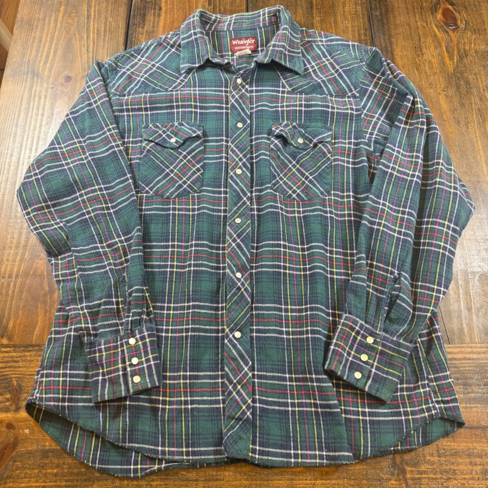 Wrangler Western Shirts Mens XL Green Plaid Pearl Snap Flannel, vintage, cowboy‎
